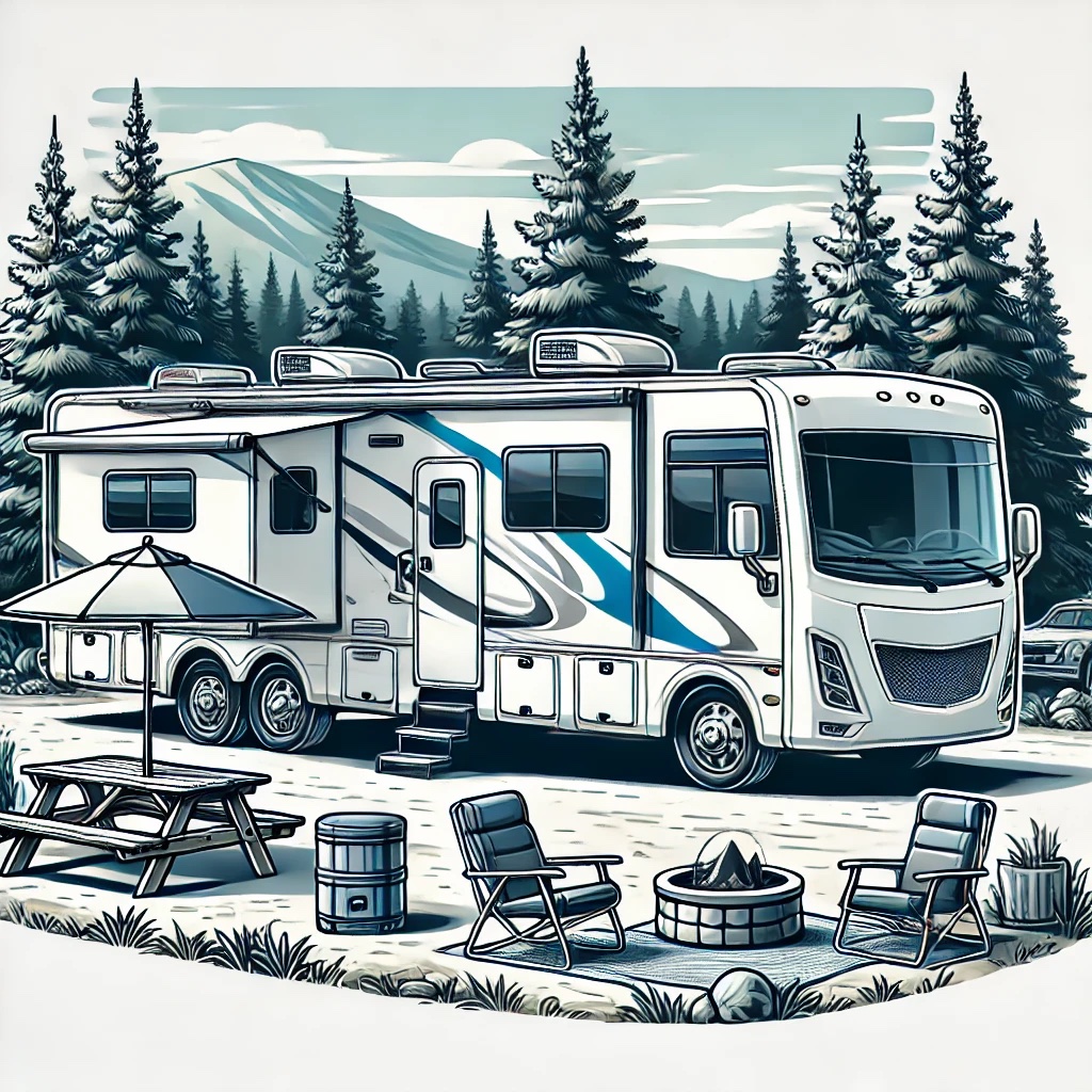 illustration of a recreational vehicle RV parked in a scenic outdoor setting