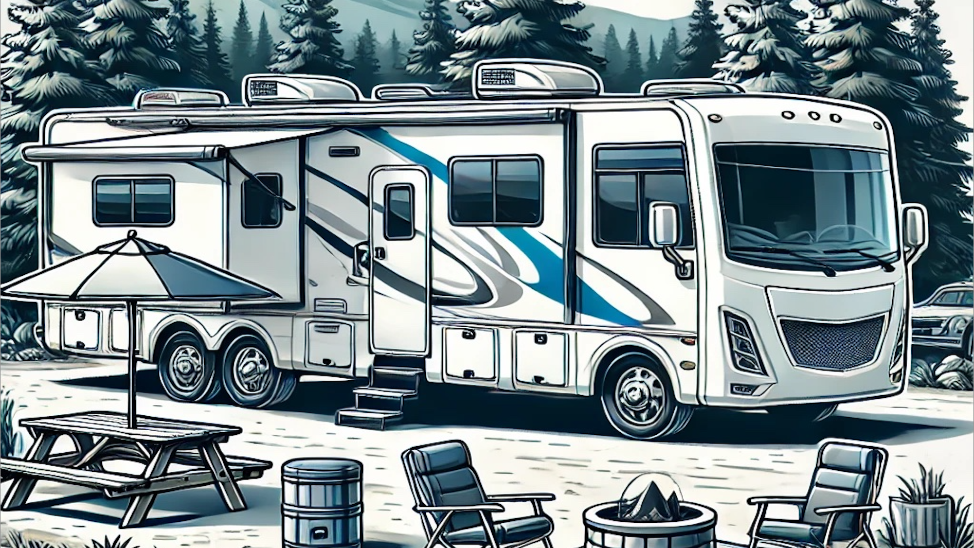 illustration of a recreational vehicle RV parked in a scenic outdoor setting